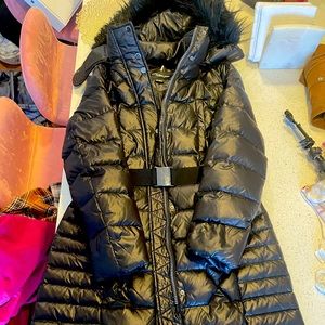 Marc New York by Andrew Marc Women's BLACK belted, down, faux-fur hooded coat!